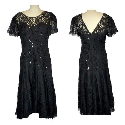 AFTER DARK Black Lace Dress Sparkle Gatsby Whimsigoth Size 14 Made In USA