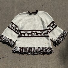 Vintage 80's Peruvian Alpaca Wool White Brown Fringe Pullover Sweater Sz Large