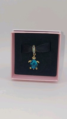 PANDORA 14k gold-plated Blue Sea Turtle Murano Glass Dangle Charm w/ Box   H9