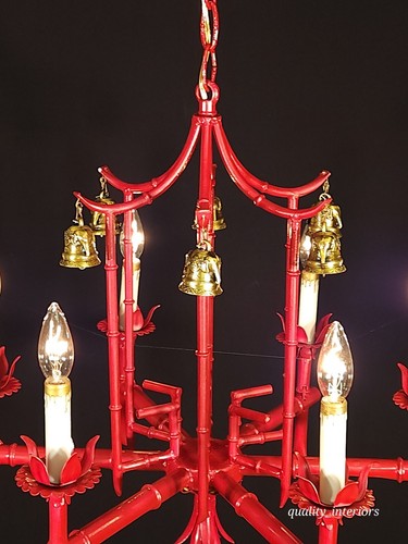 Antique Faux Bamboo Pagoda Hollywood Regency 6 Light Chandelier With Brass Bells - Picture 7 of 24
