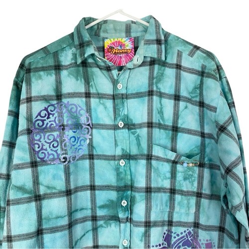 Boho Flannel Shirt Womens XL Floral Mandala Stencil Plaid Tie Dye Upcycled Blue - Picture 3 of 10
