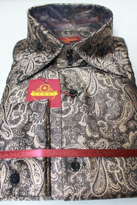 Mens Black Burnished Metallic Gold Paisley High Collar Shirt SANGI MONACO 2115