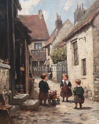 Victorian street scene with children playing with tOil Painting 8x10 Print
