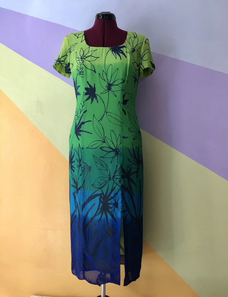 Vintage 90s Tie Dye Blue & Green Hawaiian Floral Party Hot Teacher Maxi Dress - Image 4 of 4