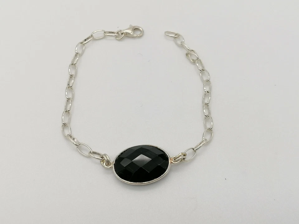 Pulsera Mujer Plata 925 Ónix Negro Cabujón Hecho En Italia Regulable - Imagen 2 de 4