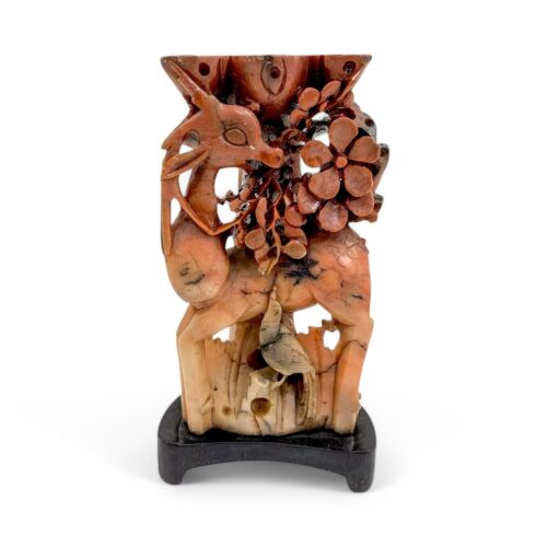 Antique Qing dynasty red soapstone figural candlestick deer bird prunus tree