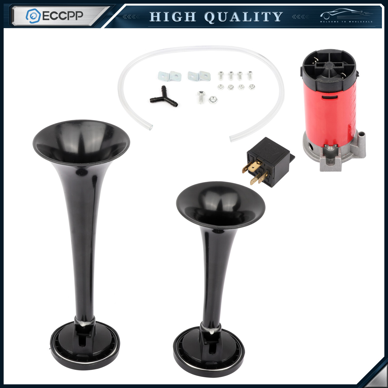 Loud Car Truck Boat Dual Trumpet Train Air Horn Compressor Kit Black 12V 130DB