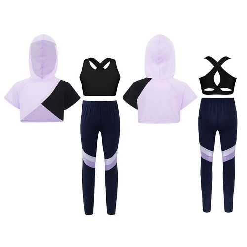 Girls 3 Piece Sports Outfit Hooded Crop Tops with Vest and Leggings Workout Yoga - Picture 20 of 30