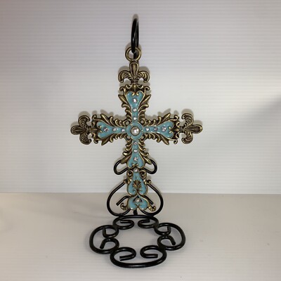 Embellished Metal Cross with Hanger Stand Robin Egg Blue Jeweled Easter ~5 