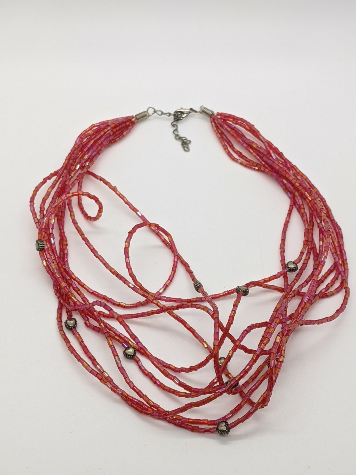 Silver Tone Red Pink Glass Bead Multi Strand Heart Charm Necklace eBay