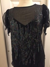 Vintage 80  s Black Beaded 2 Piece Dress With Top . Chiffon Paneled Hem Line. ..