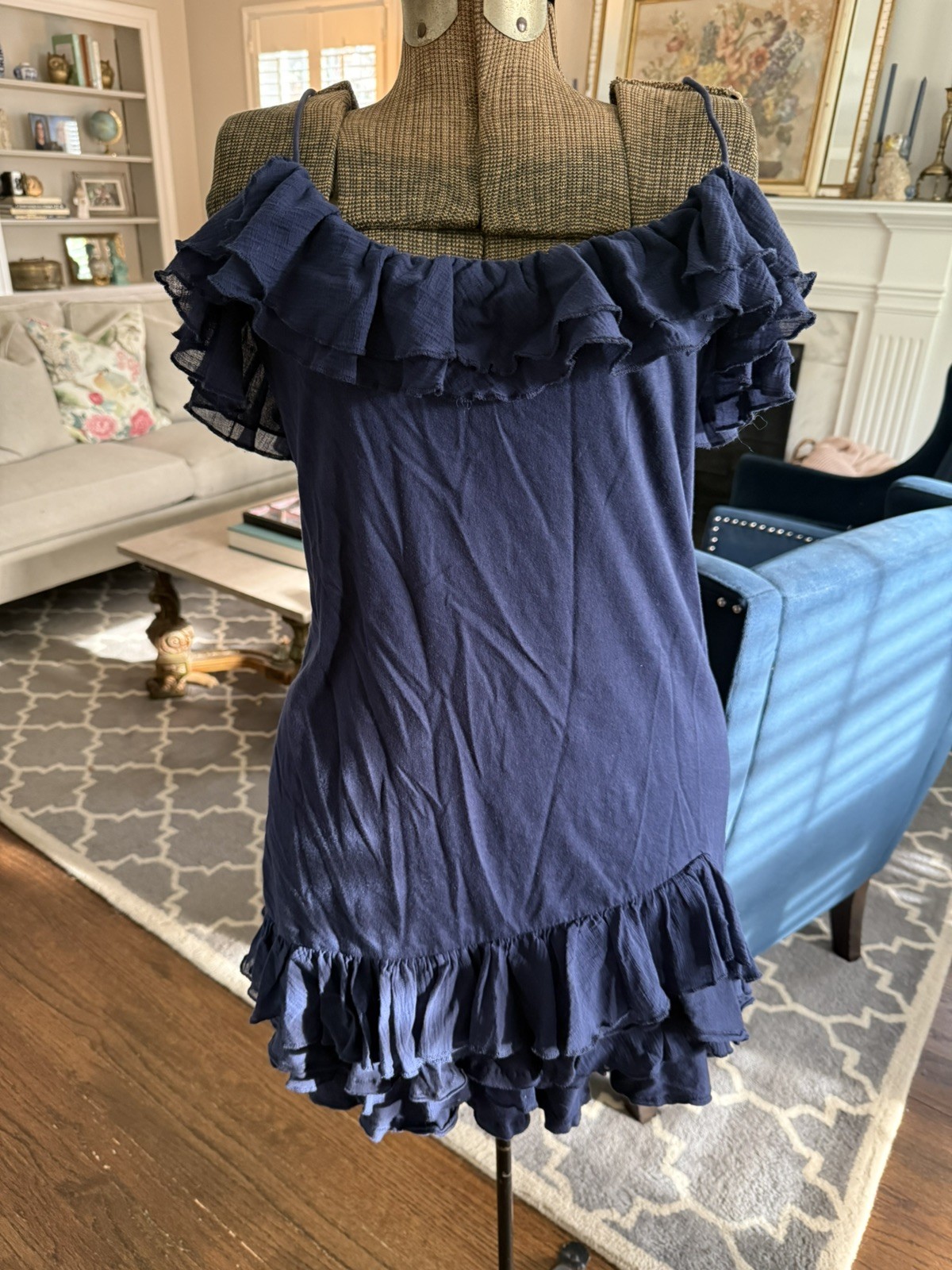 NWT Vintage Ralph Lauren Rugby  Summer Navy Blue Ruffle Tank short Dress M cute