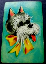 1 Single Genuine Vintage Swap Playing Card Dog  With Yellow Bow