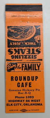 Elk City Oklahoma Round Up Cafe Bar-B-Q Restaurant Route 66 Matchbook Cover