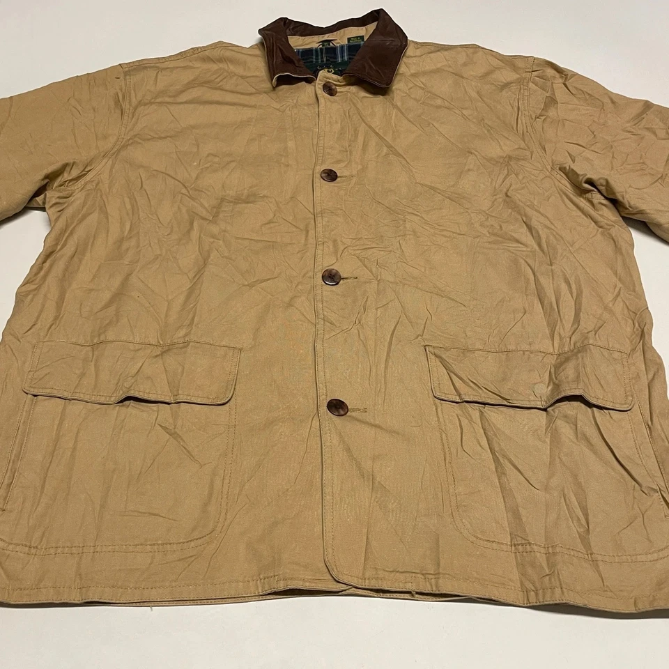 Vintage Hunting Jacket Mens L 2XL Beige Brown Leather Trim Collar Flannel Lining - Image 3 of 4