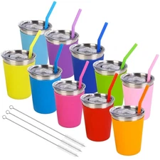10 Pack Kids Cups with Straws Lids Spill Proof Toddlers Tumbler with Colorful...