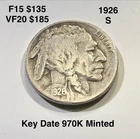 1926-S Indian Head / Buffalo Nickel 5c - Key Date! / Nice Coin - F / VF
