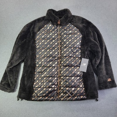 New Balance Jacket Womens 1X Black Faux Fur Fleece Quilted Logo Full Zip