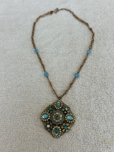 Rose Gold Necklace with Turquoise and Rhinestone Pendant 18" Chain