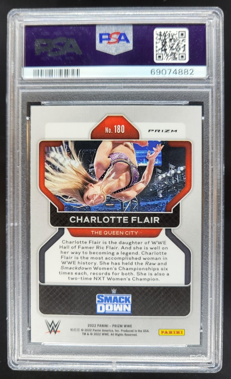 2022 Panini Prizm WWE Charlotte Flair Green #180 PSA 10 NB5 view 2