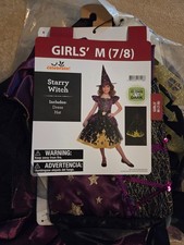 Girls' Size M 7/8 Starry Witch Halloween Costume Dress Hat Glow-in-the-Dark