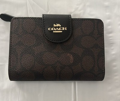 NEW Coach Medium Corner Zip Wallet in Signature Canvas Brown/Black CW786