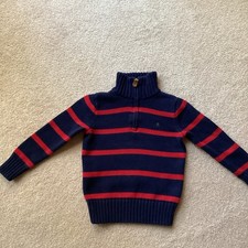 RALPH LAUREN KIDS 4/4T PULLOVER PART ZIP FRONT STRIPED SWEATER, NAVY/ RED