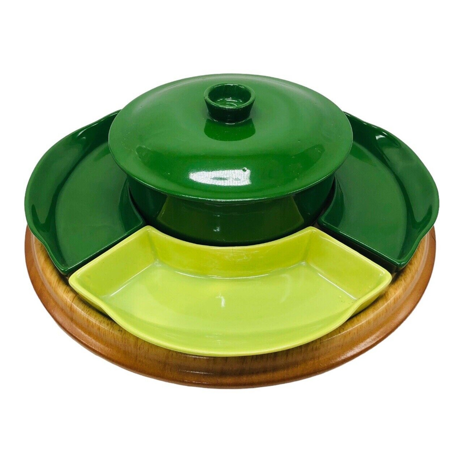 VTG MCM Santa Anita Ware 7 pc Serving Dish Set Lazy Susan Lid Green Kitsch Party