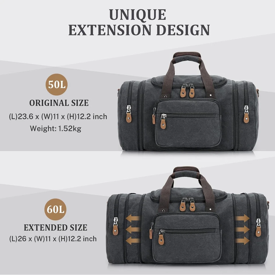 Canvas Duffle Bag for Travel 60L Expandable Duffel Weekend Overnight Bag for Men - Image 3 of 4