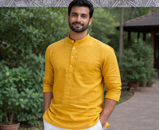 Mustard Yellow Indian Cotton Khadi Kurta Casual Mandarin Collar Size 40