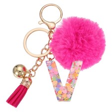 Alphabet Initial Letter Keychain Letter-V Cute Heart Resin Keyrings Deep Pink
