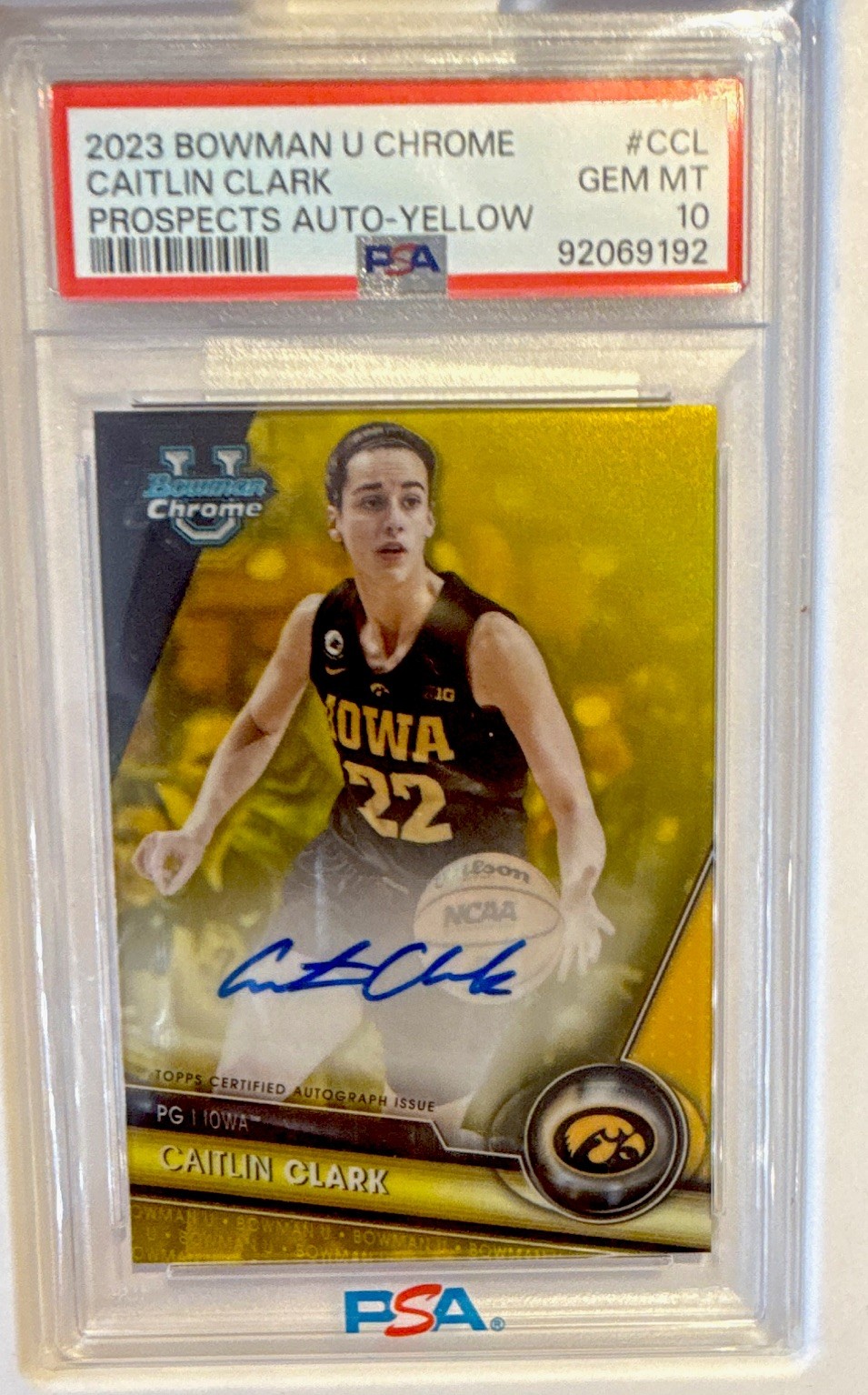 Caitlin Clark 23-24 Bowman Chrome University Yellow Auto /75 Rookie PSA 10 IOWA