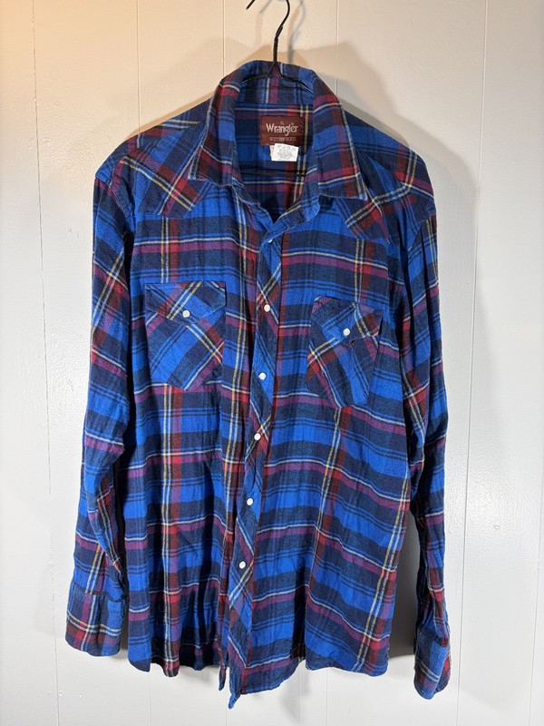 Mens Wrangler Western Shirt XL Blue Plaid L/S Cot Flannel Snaps Rodeo Rockabilly