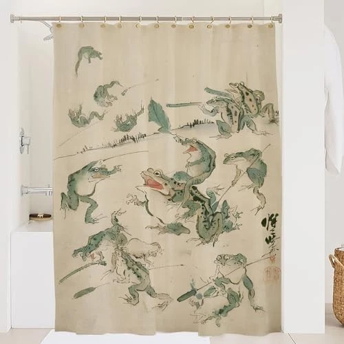 Divertida Cortina de Ducha Rana - Decoración de Baño Retro Japonesa, Impermeable 72x72, 12 Foto 3 de 4