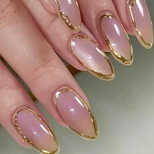 evpct Gold Line 3D Cat Eye Press On Nails Medium Almond with Designs, 3D Crys...