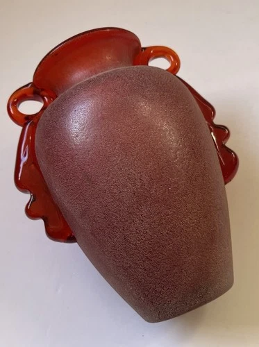 Vintage MCM Bulbous Red Scavo Glass Vase Urn Murano Amberina Handles 7.25”
