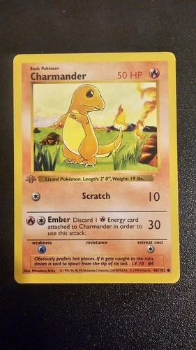 Pokemon Card - Charmander 1st Edition Base Set Shadowless 46/102 Grey Stamp