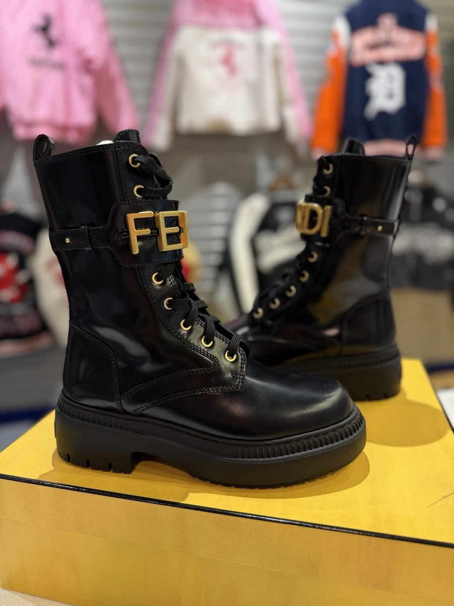 FENDI Fendigraphy Graphy Cuff Leather Biker Combat Boots $1590