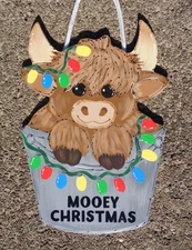 Mooey Christmas Highland Cow Sign Winter Holiday Decor Plaque Wood Christmas