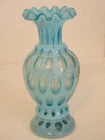 FENTON BLUE OPALESCENT COIN DOT CRIMPED VASE #1453-BO, 6-1/2", CIRCA 1948-1953