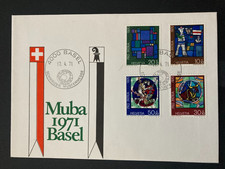 Szwajcaria 1971 ilustracja. Stempel okolicznościowy MUBA Targi Wzorców Basel Zestaw Pro Patria 1970