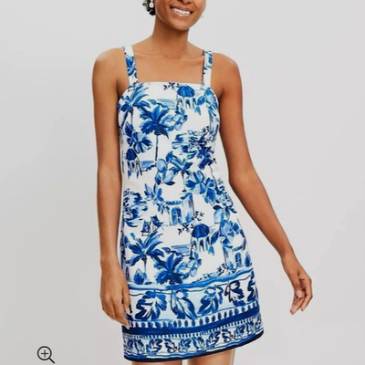 loft linen blend dress Loft Linen Blend Dress Sz 4 Blue White Palm Sleeveless Tropical Beach  Resort New