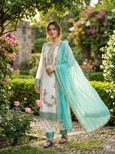 Designer Gmy Silk White Salwar Kameez With Sky Blue Dupatta For Reception