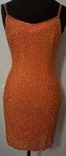 OLEG CASSINI Black Tie Sz 8 Orange Mini Dress Beaded 100% Silk Vintage Cocktail