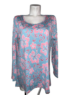 New Lularoe Women's Size 2XL Blue Pink Floral Lynnae Pullover LS Shirt Tunic
