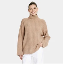 Women's Turtleneck Tunic Pullover Sweater - Universal Thread Tan M