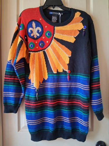 NWOT IB Diffusion Vintage 90s Knit Sweater Fleur De Lis Art 2 Wear Embellished S
