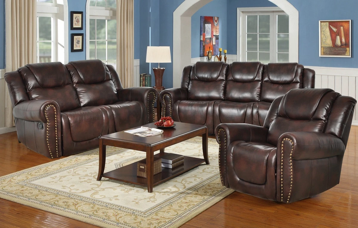 3 PC Bonded Leather Brown Reclining sofa set eBay