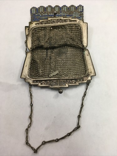 Flapper Bag Enamel Whiting Davis Blue & Gold Chain Link Enamel Antique - Picture 11 of 12
