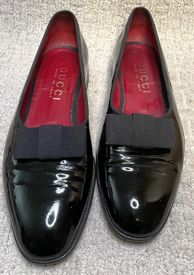 Gucci Patent Leather Opera Tuxedo Loafers Shoes Mens 11D Crossgrain Ribbon Bow - Image 2 of 4
